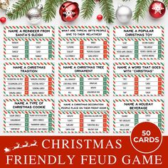 a christmas game with red and green ornaments on it, the words'50 cards have been