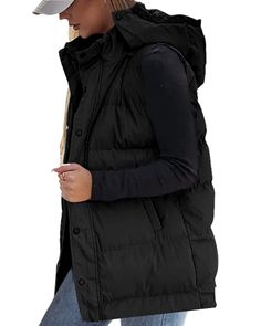 PRICES MAY VARY. Material: Shell/Lining Fabric: 100% polyester. Filling soft down-alternative, makes this puffer vest comfortable and keep you warm. Features: windproof shell, inner cushion, warm pad, full buckle design, with hood, fashionable and lightweight, fashionable and fluffy, comfortable and warm, high quality. This long vest will be a good layered garment that can be added to your winter wardrobe! Occasion: This women's warm and extensible down jacket is suitable for whether staying at Sleeveless Puffer Jacket For Fall, Sleeveless Black Puffer Jacket For Fall, Sleeveless Puffer Outerwear For Winter, Sleeveless Solid Outerwear With Button Closure, Casual Black Down Vest, Hooded Puffer Vest For Fall, Sleeveless Outerwear With Button Closure, Black Long Puffer Vest, Sleeveless Cotton Puffer Outerwear