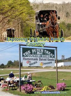 two pictures with people sitting in the back of a horse drawn carriage and an old fashioned sign that says, exploring virginia's amish country