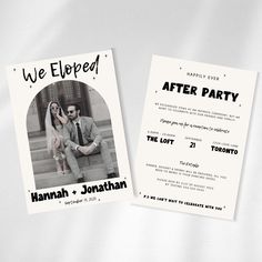 two flyers for a wedding with the same photo on them, one is in black and white