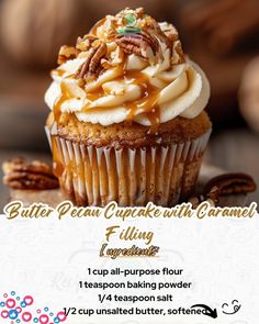 a cupcake with caramel icing and pecans on top is shown in this advertisement