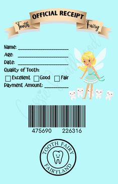 a tooth fairy receipt is shown on a blue background