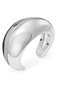 Perfect to stack or wear solo, a grooved wave cuff bracelet catches the light with a high-shine finish. 1 1/2" width Silvertone plate Imported Modern Open Band Jewelry With Shiny Finish, Luxury Polished Cuff Bangle, Modern Shiny Cuff Bangle Bracelet, Modern White Gold Cuff Bracelet With Shiny Finish, Elegant Open Band Bangle With Polished Finish, Formal Polished Open Band Bangle, Luxury Polished Bangle Cuff Bracelet, Luxury Silver Cuff Bracelet With Shiny Finish, Modern Silver Cuff Bracelet With Shiny Finish