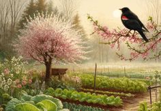 a painting of a bird sitting on a tree branch in a garden filled with flowers