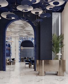 an elegant lobby with blue and white decor