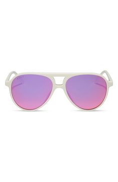 These full-coverage aviator sunglasses complete your look with just the right element of retro-cool style. 56mm lens width; 16mm bridge width; 145mm temple length 100% UV protection CR-39 lenses Acetate Imported DIFF Eyewear participates in give-back initiatives that provide reading glasses to those in need White Aviator Sunglasses For Summer, Modern White Aviator Sunglasses, White Aviator Sunglasses With Uv Protection, White Trendy Aviator Sunglasses With Mirrored Lenses, Trendy White Aviator Sunglasses With Mirrored Lenses, Modern White Aviator Sunglasses With Uva Protection, White Casual Aviator Sunglasses With Anti-reflective Coating, Modern White Aviator Sunglasses With Polarized Lenses, Casual White Aviator Sunglasses With Anti-reflective Coating