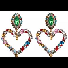 Baroque Heart Earrings Inlaid With Water Drop Color Rhinestones Color: Multicolor Metal; Zinc Alloy Gorgeous! All Sales Final Elegant Multicolor Earrings For Valentine's Day, Multicolor Earrings For Valentine's Day Party, Green Earrings For Valentine's Day Party, Multicolor Valentine's Day Party Earrings, Multicolor Party Earrings For Valentine's Day, Elegant Multicolor Heart Earrings Gift, Elegant Multicolor Heart Earrings For Gift, Trendy Jeweled Earrings For Gift, Queen Earrings