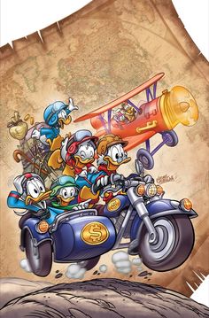 cartoon characters riding on the back of a motorcycle in front of an old paper map