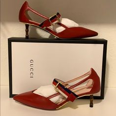 Excellent Condition New From The Box! This A Beautiful Shoe Size 38 1/2 ( 9) Is A Big Size So Cute That Completing To Sell This. Comes With 2 Dust Cover In A Box As Well !! Designer Red Calf Leather Heels, Gucci Leather Low Heel Shoes, Gucci Leather Low Heel Heels, Gucci Leather Heels With Low Heel, Gucci Leather Low Heels, Designer Low Heel Shoes With Red Sole, Gucci Red Heels With Branded Heel Counter, Gucci Leather Heels With Red Sole, Gucci Red Leather Heels