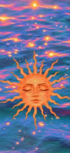 a painting of the sun with eyes closed and glowing in the sky above water's surface