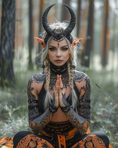 a woman with horns and tattoos sitting in the woods