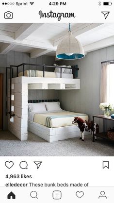 an instagramted photo of a bedroom with bunk beds and a dog on the floor