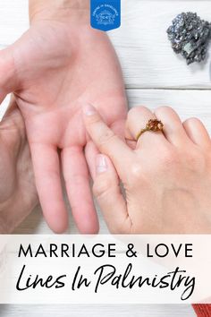 two people holding hands with the words marriage and love lines in palmisty