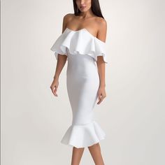 Brand New!!! Slip Into This Structured Dress For A Statement-Making Evening Party Look! Stretchy Scuba Fabric Dress Features A Sweetheart Bust With A Ruffled Overlay That Extends Into Short Off-Shoulder Sleeves. A Fitted Skirt Is Finished With A Wide, Ruffled Hem. No Closures. 97% Polyester, 3% Spandex Hand Wash Cold, Hang Dry. Do Not Bleach Made In Usa Fitted Sleeveless Off Shoulder Dress For Brunch, Fitted Sleeveless Off-shoulder Dress For Brunch, White Fitted Off Shoulder Dress For Party, White Fitted Off-shoulder Dress For Party, Off-shoulder Bodycon Midi Dress For Brunch, White Sleeveless Off-shoulder Cocktail Dress, White Off Shoulder Dress For Night Out, Flirty Off-shoulder Midi Dress For Date Night, White Off Shoulder Dress For Summer Party