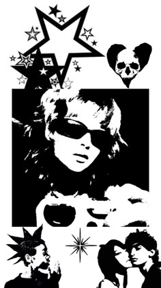 a black and white poster with some stars on the top, two women in sunglasses