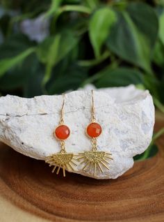 Carnelian Gold Sun Dangle Earrings, Handmade Boho Jewelry, Gemstone Gift - Etsy Carnelian Gold Earrings With Ear Wire, Gold Carnelian Earrings With Ear Wire, Bohemian Gold Carnelian Earrings, Gold Bohemian Carnelian Earrings, Gold Carnelian Dangle Earrings, Glass Dome Jewelry, Earrings Handmade Boho, Handmade Boho Jewelry, Boho Layering