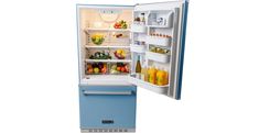 an open refrigerator and freezer combo with food in the door, on a white background