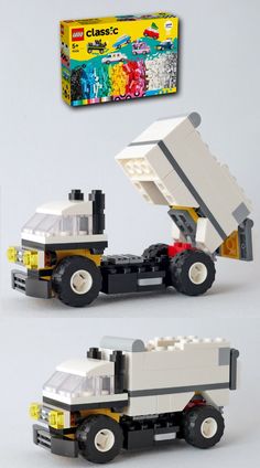 two pictures of a lego truck with the back open and side view showing it's front end