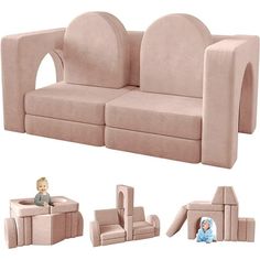 a child's sofa and play set made out of foam blocks with a baby sitting on it