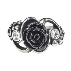 A romantic rose motif ring concealing a secret libertine passion for wine and sensual pleasures. An intoxicating combination of the black rose of dark desire and the grapes of hedonism. Polished pewter rose and grapevine ring with black resin rose at its center and a clear crystal Swarovski gem either side. Approximate Dimensions: Height 0.67" x Width 0.98 " x Depth 1.18" Weight: 0.02 lbs Materials: Fine English Pewter, Clear Swarovski Crystals, Black Resin Rose. How To Measure Your Ring Size: 1 Gothic Jewelry Rings, Black Rose Ring, Resin Rose, Vine Ring, Fall Rings, Gothic Rings, Black Resin, Rose Ring, Gothic Jewelry