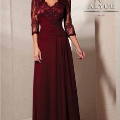 Bnwt Alyce Burgundy Gown, 3/4 Lace Sleeves, Appliqu Waist, Chiffon Skirt Burgundy Evening Dress, Burgundy Dresses, Long Sleeve Evening Gowns, Company Party, Shoe Boot, Mother Bride, Mother Of Groom Dresses, Groom Dresses, Long Sleeve Evening Dresses