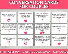 conversation cards for couples with hearts on them and the words, i can't tell you