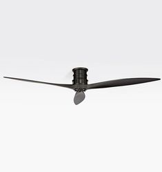 a black ceiling fan with three blades on it's blades and two light bulbs