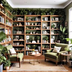 a living room filled with lots of green furniture and bookshelves covered in plants