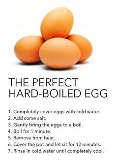 some eggs are stacked on top of each other with the words, the perfect hard boiled egg