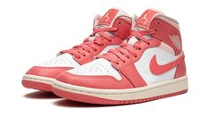 The Women’s Air Jordan 1 Mid “Strawberries and Cream” is a women’s-exclusive colorway of the lifestyle shoe with a head-turning look.  The “Strawberries and Cream” features a white leather construction with Sea-Coral-colored leather overlays and Swoosh branding on the sides.  A light pink “Wings” logo appears on the collar.  Classic Jumpman branding is found on the tongue.  Underfoot, an off-white-colored rubber midsole and pink outsole complete the tasty colorway.  Release date: April 11, 2023 Coral Jordans, Sneaker Displays, Dream Shoe, Pink Wings, Collection Board, Preppy Stuff, Preppy Clothes, Shoes Retro, Nike Air Jordan 1 Mid