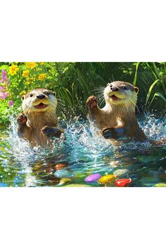 two otters are playing in the water