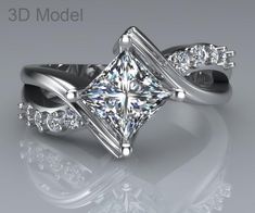 a white gold ring with a princess cut diamond in the center and side stones on each band