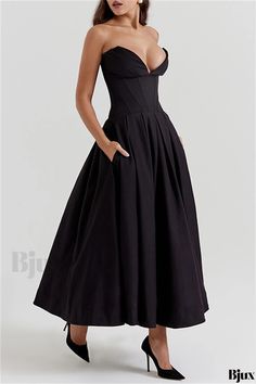 Bjux - Chic Backless V Neck Strapless Dress with Solid Design Chic Fashion, Elegant Fashion, Unique Fashion, Elegant Design, Open Back, A Line Dress, Chic Style, Strapless Dress, Solid Color