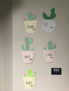 the wall is decorated with different kinds of cactuses and name tags on them,