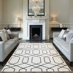 a living room with two couches and a rug in front of a fire place