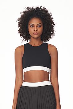 Fibflx Women's High Neck Black Tank Top with White Ribbed Trim Athleisure Stretch Halter Top With T-back, Fitted T-back Halter Top Athleisure, Black Tank Top With Built-in Padding For Athleisure, Sporty Stretch T-back Halter Top, Black High Stretch Moisture-wicking Tank Top, Fitness Wardrobe, Workout Style, Athletic Looks, Black Tank Top