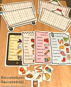 two shopping carts and three cards with words on them that read, homeschool gameschool