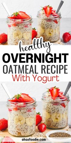 Text reads Healthy Overnight Oatmeal Recipe With Yogurt Oatmeal With Yogurt, Healthy Overnight Oatmeal, Recipe With Greek Yogurt, Recipe With Yogurt, Easy Overnight Oatmeal, Breakfast For Busy Mornings, Overnight Oatmeal Healthy, Overnight Oatmeal Recipes, Creamy Yogurt