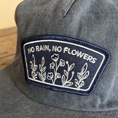 No Rain No Flowers, No Rain, Panel Hat, Custom Pet Portraits, Brushed Cotton, Embroidered Patch, Brass Metal, Cotton Twill Fabric, Embroidered Flowers