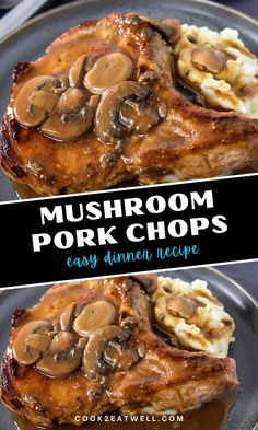 mushroom pork chops with gravy and mashed potatoes on a black plate