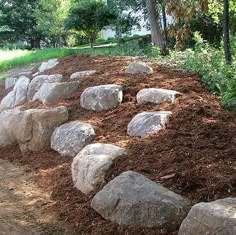 large rocks and mulch in the middle of a dirt path next to some trees