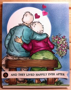 a card with an image of two people sitting on a bench and the caption says, and they lived happily ever after