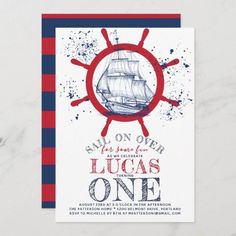 a card with an image of a ship on the front and red, white, and blue stripes