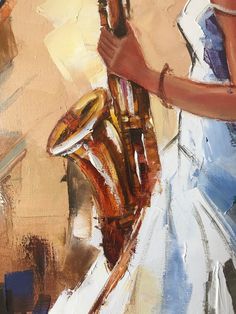 a painting of a woman holding a musical instrument in her right hand and wearing a white dress