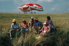 four people sitting under an umbrella in a field