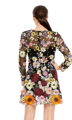 Long sleeve black floral print embroidered short party dress. Floral Short Dresses, Cute Hoco Dresses, Eras Tour Concert, Party Dresses With Sleeves, Embroidered Cocktail Dress, Junior Party Dresses, Floral Dresses Short, Concert Looks, Short Homecoming Dress