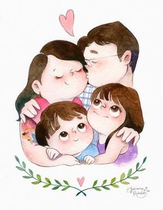 a watercolor painting of three people hugging each other and the words love is in the air