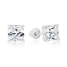 Genuine 14K White Gold CZ stud earrings with secure screwbacks. Forget about the cheap earrings that tarnish in less than a month, these gold cz stud earrings are guaranteed to never tarnish! Gold is a metal that never tarnishes and that can be worn anywhere including in the shower, pool or anywhere there may be moisture. The smaller sizes are great for kids (3mm to 5mm) to wear as a primary earring and great for Adults to wear as part of a multiple earring set on an ear with multiple piercings. Square Stud Earrings, Princess Cut Gold, Special Occasion Jewelry, White Gold Solitaire, Gold Gemstone Ring, Solid Gold Earrings, Square Stud, Cz Stud Earrings, Cubic Zirconia Earrings