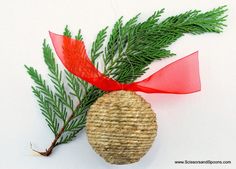 a pine cone with a red ribbon tied around it on a white surface, next to an evergreen branch