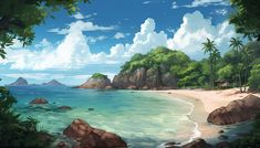 an artist's rendering of a tropical beach with rocks and palm trees on the shore